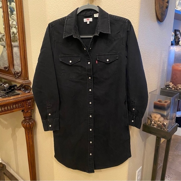 LEVI’S Women Black Pearl Snap Button Denim Shirt Dress Western Style Size Small - Picture 1 of 7